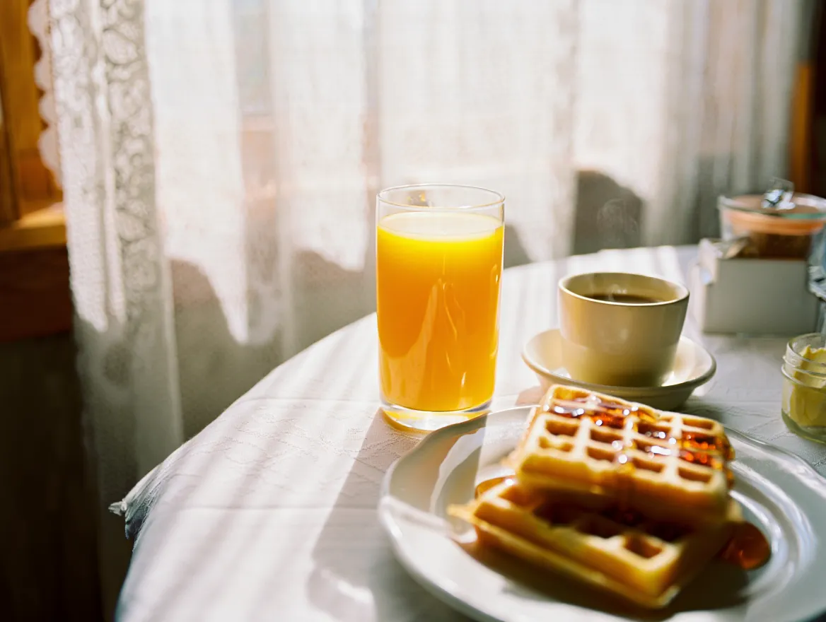 Soft morning sunlight filtering through a window onto a calm breakfast table